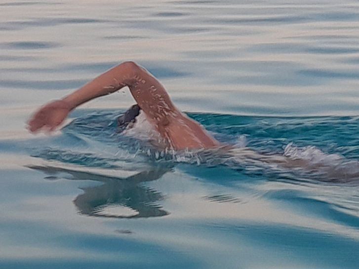 Person swimming in a body of water, arm outstretched in a freestyle stroke.